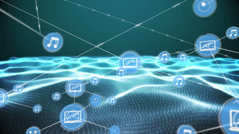 animation of networks of connections with icons over binary coding