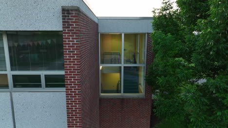 Aerial-rising-shot-of-stairwell-in-American-school