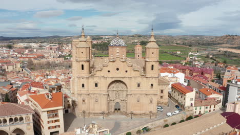 alcaniz baroque style facade santa maria de mayor church aerial shot cloudy day