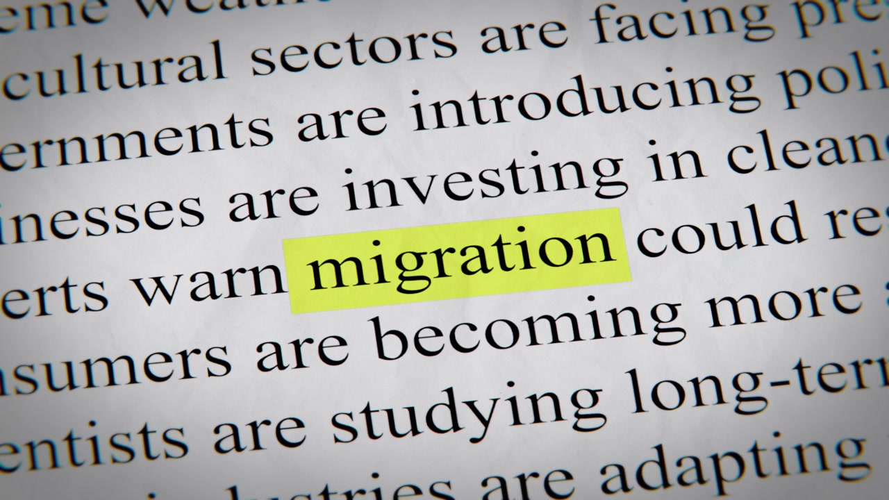 Minimal cinematic editorial migration text animation designed for documentary, economic, technology, and news-related storytelling.