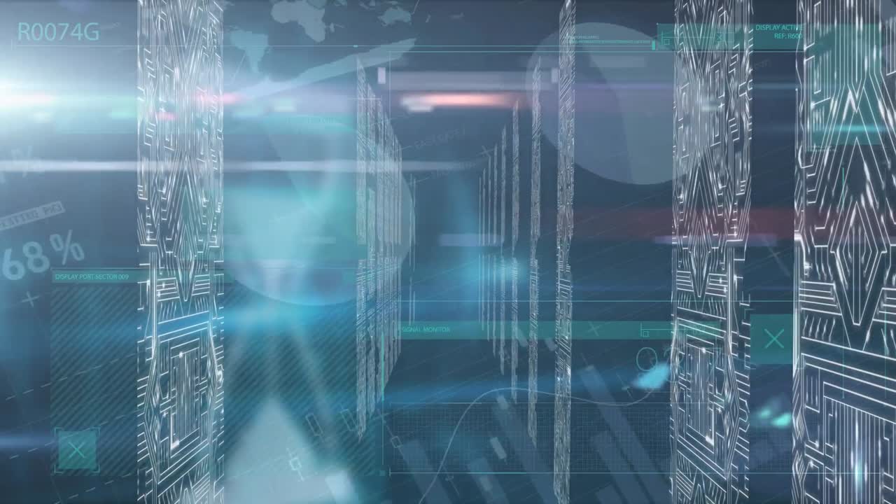 Animation of financial data processing over columns with computer circuit board