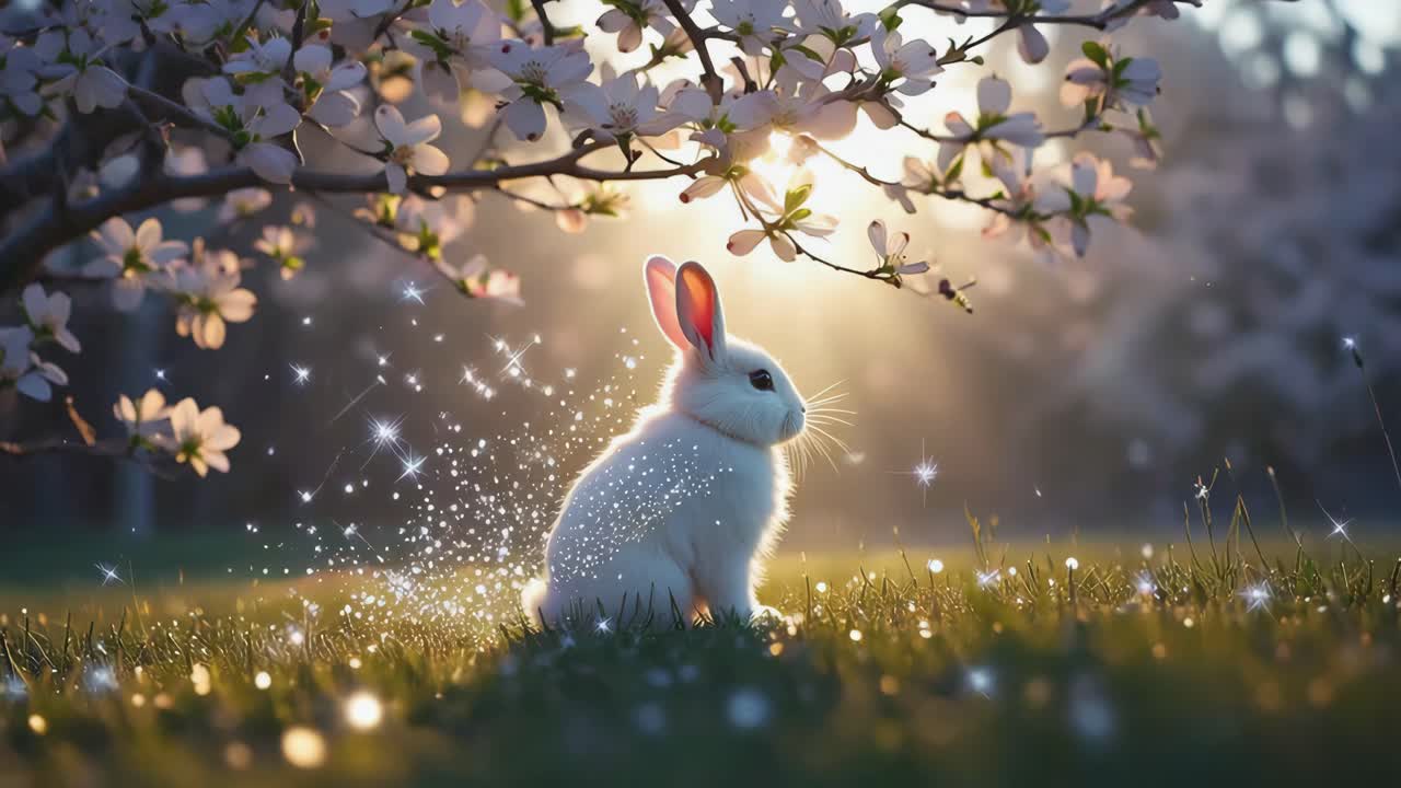 Enchanting White Rabbit Under a Glowing Flowering Tree in Spring
