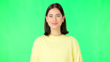 woman, green screen and face with happy wink