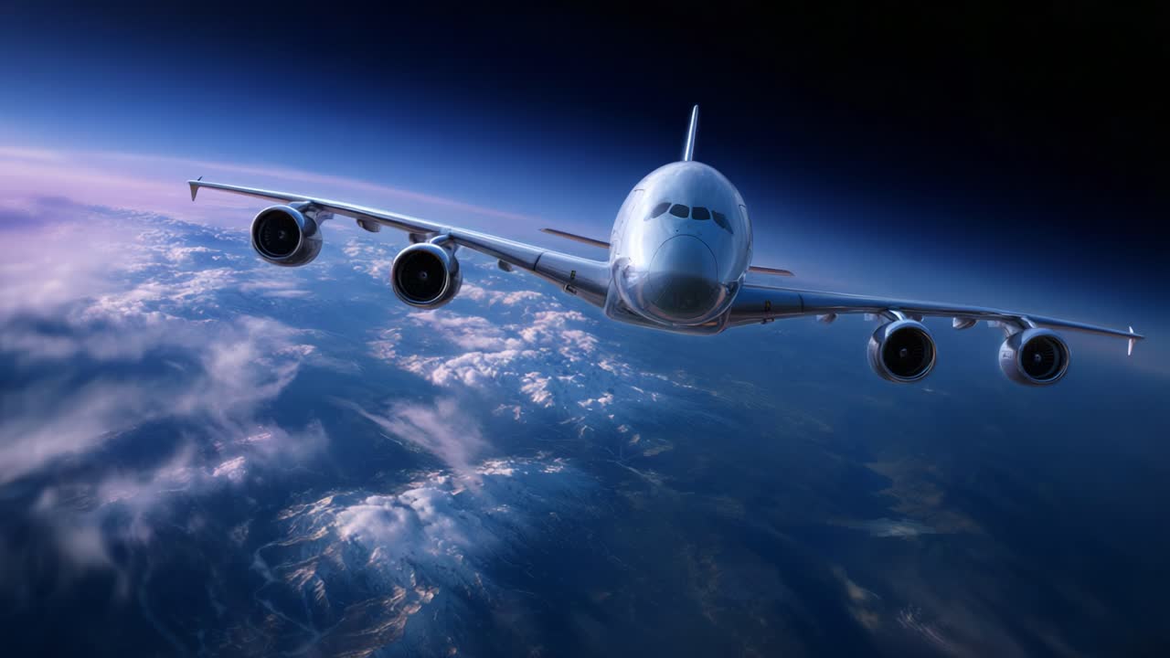 Una straordinaria vista aerea di un aereo moderno che vola con eleganza sopra la Terra, mostrando la bellezza dell'atmosfera e il maestoso paesaggio sottostante