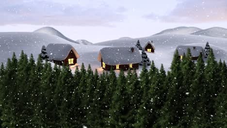 animation of snow falling over houses and winter scenery with fir trees