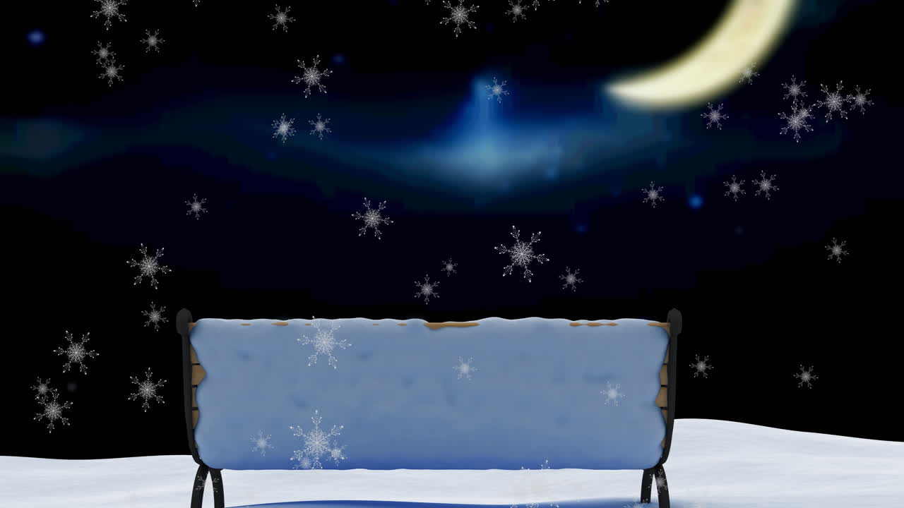 겨울 풍경에서 벤치 위에 떨어지는 눈의 애니메이션
