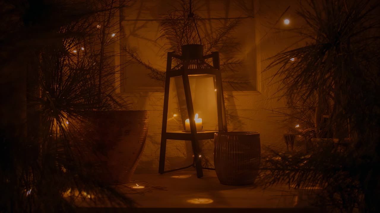 Burning candles inside lantern creating cozy warm ambiance at home, with string lights