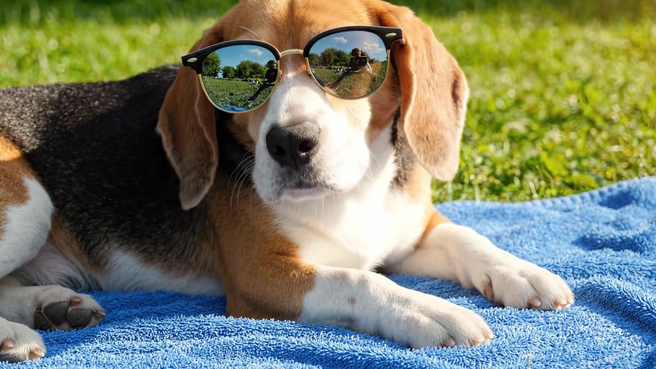 Un beagle rilassato al sole: adorabile cane con occhiali da sole alla moda che si gode una giornata tranquilla all'aperto su un morbido asciugamano blu in un ambiente verde lussureggiante.