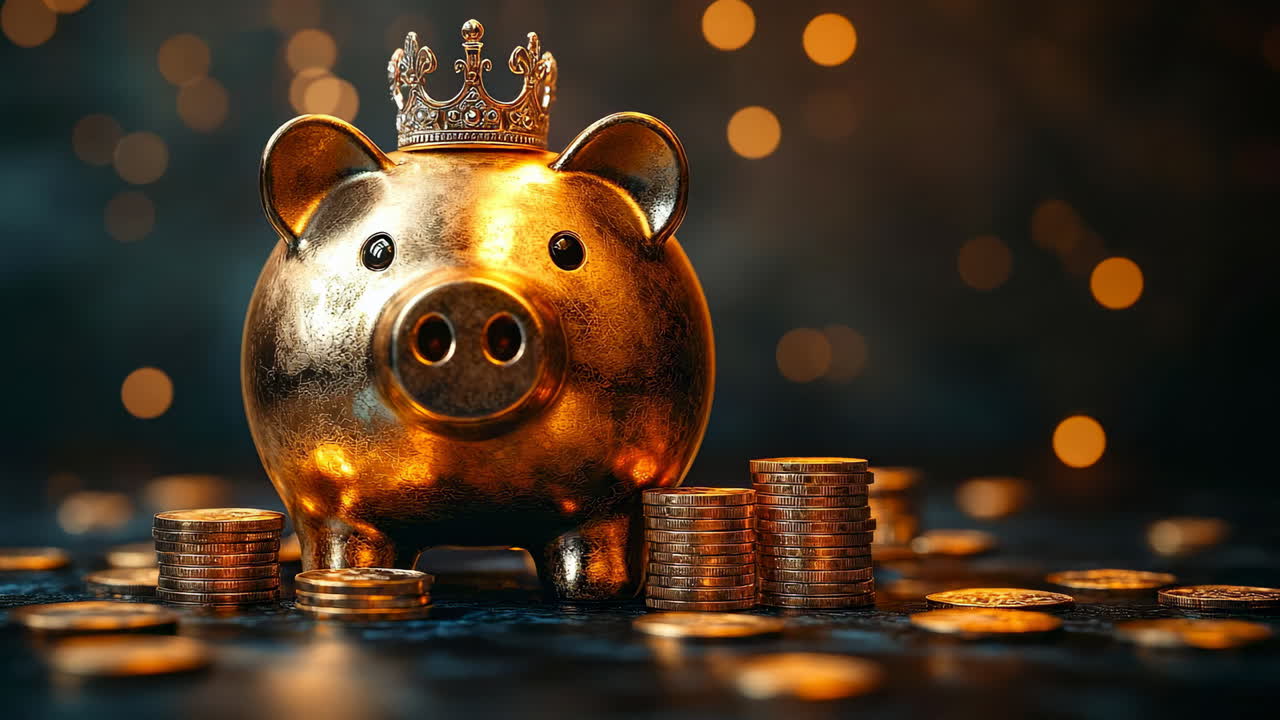 Golden piggy bank stands out with coins. A shiny golden piggy bank wearing a crown sits among scattered coins, creating a festive and prosperous scene