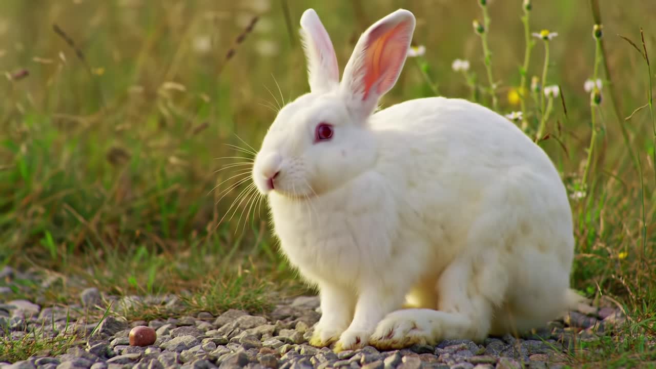 A Charming White Rabbit Exploring Nature Amidst Flowers and Grass, Capturing the Essence of Wildlife in a Serene Natural Setting