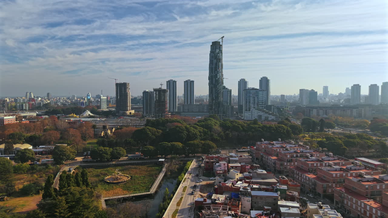 Modern skyscrapers and urban skyline of Puerto Madero district in Buenos Aires, Argentina, captured with aerial drone view