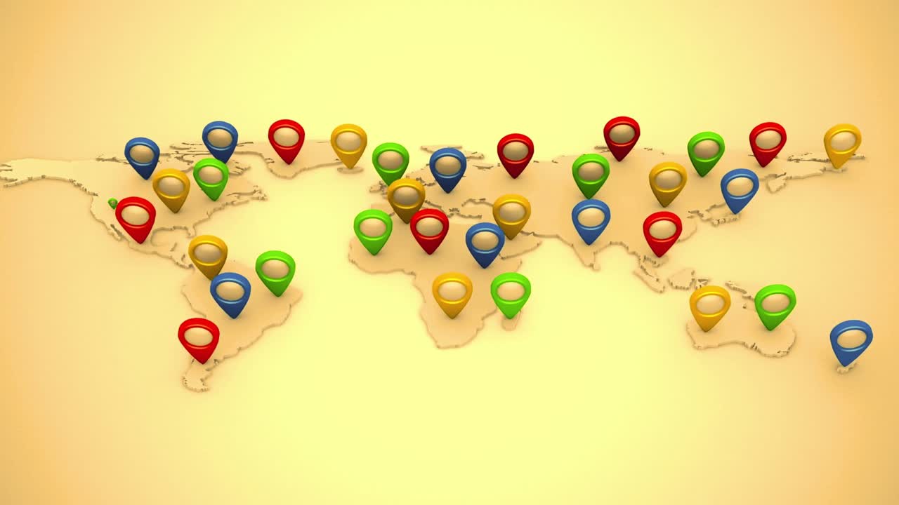 Colorful Location Pins Appearing and Spreading on a World Map