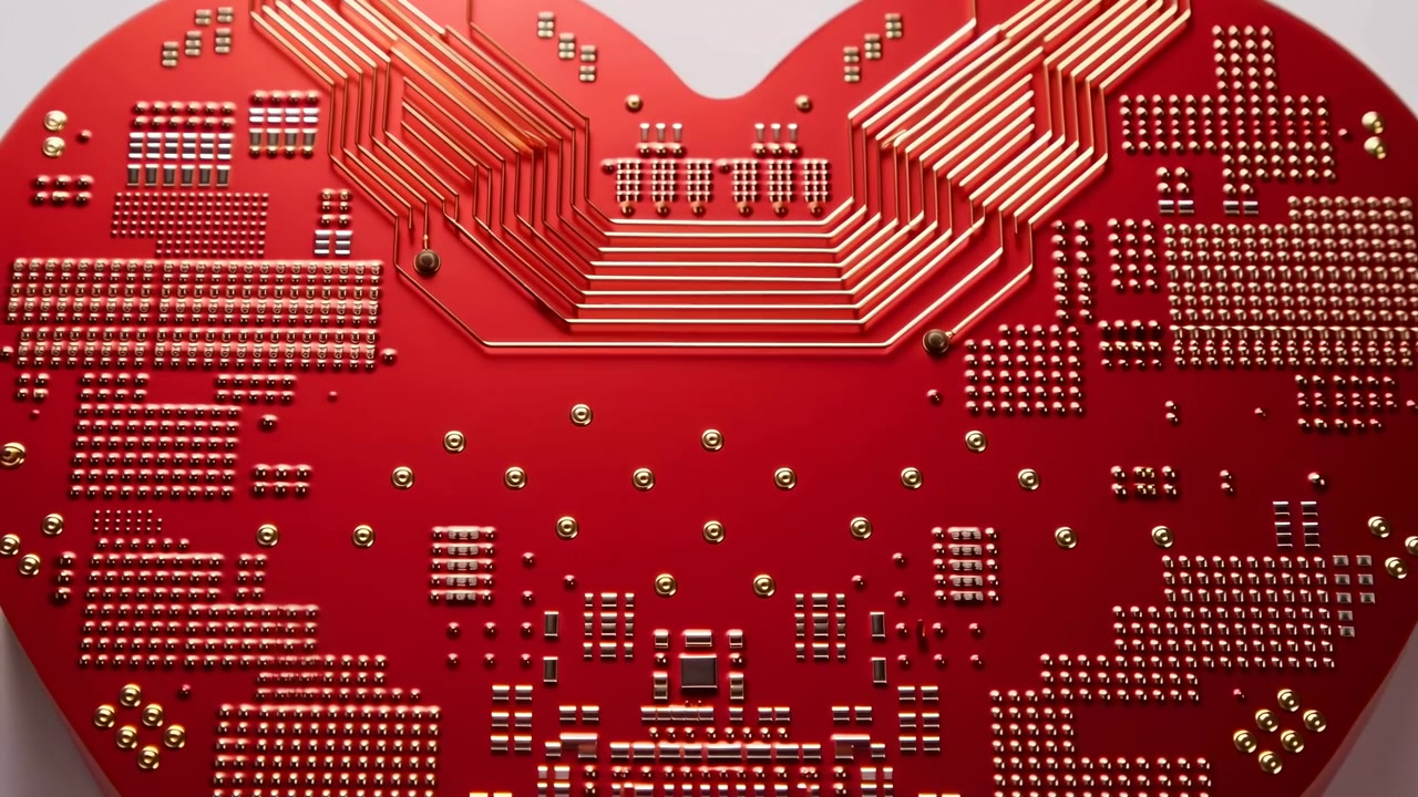 Wide oblique view of heart-shaped red printed circuit board centered in composition, featuring layered gold-plated traces, dense technical detail, metallic