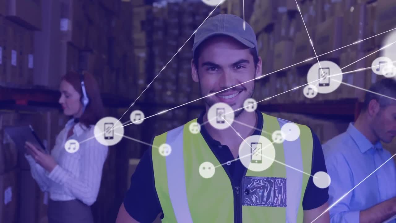 animación de la red de conexiones entre diversas personas que trabajan en el almacén