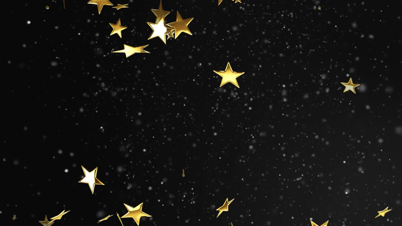 Upon entering golden star confetti drifting downward rotating and creating depth via shifting dust