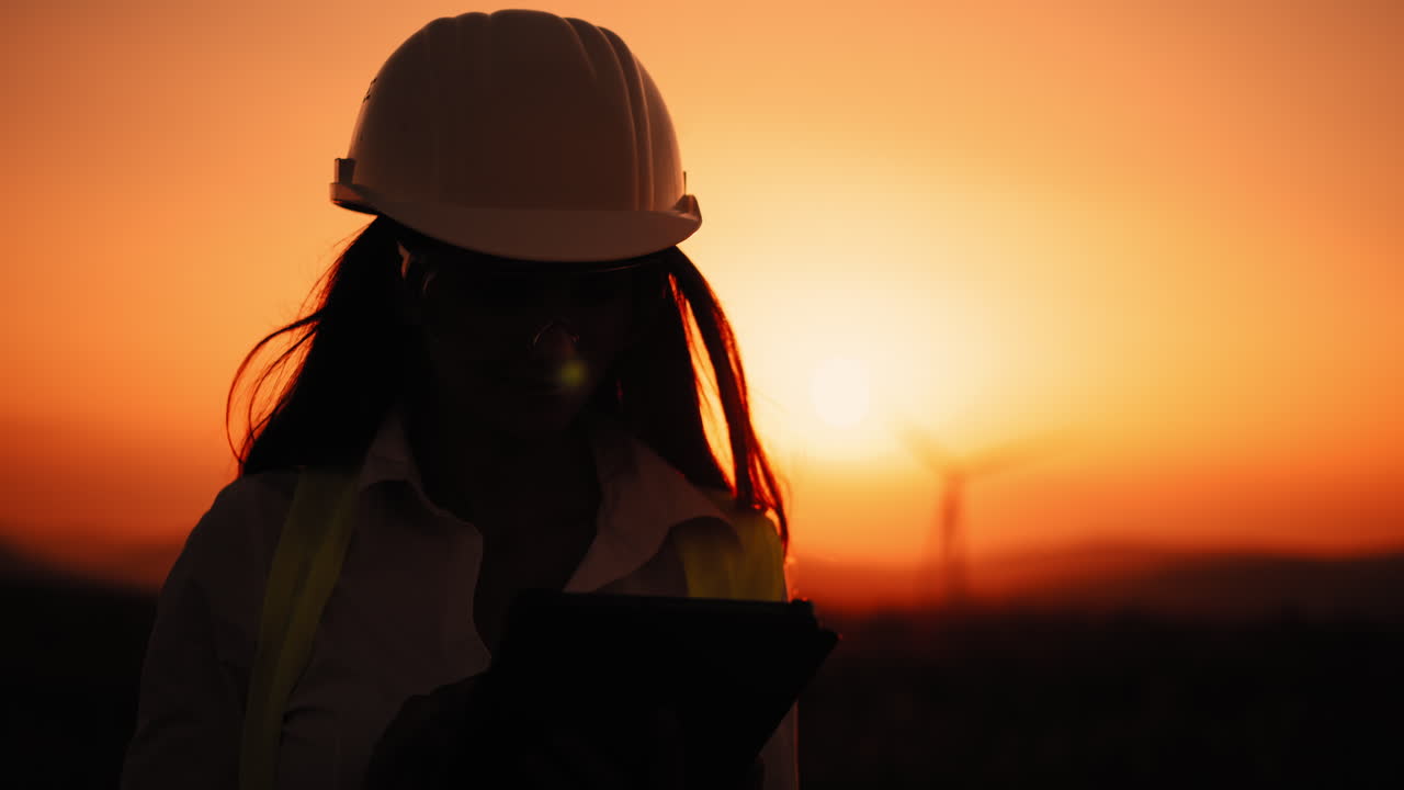 ingeniero observando turbinas eólicas al atardecer