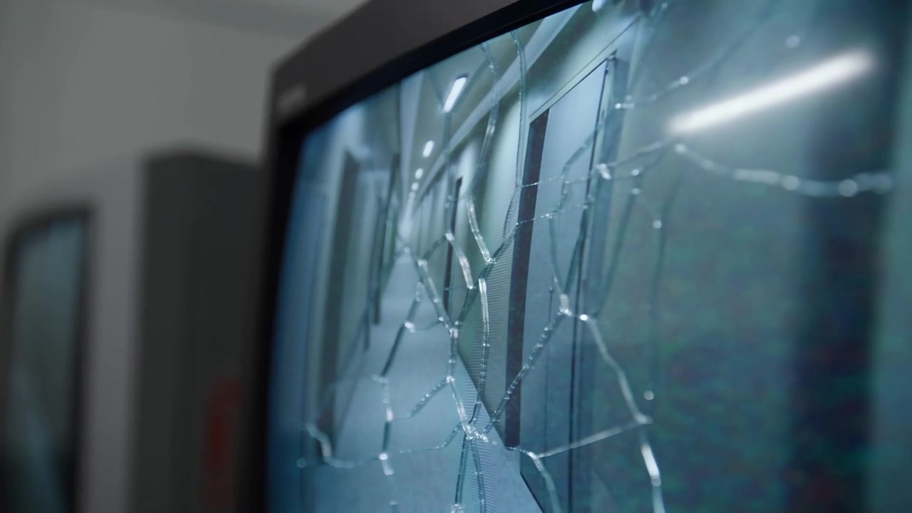 Câmera dando zoom para focar em uma rachadura em teia de aranha, revelando um monitor em uma sala de controle com imagens de CFTV do corredor.