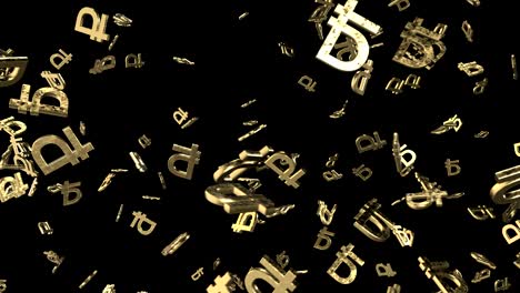 looped animated background with chaotic spinning  3d golden rouble-ruble marks. seamless loop. black background. 4k. alpha matte.