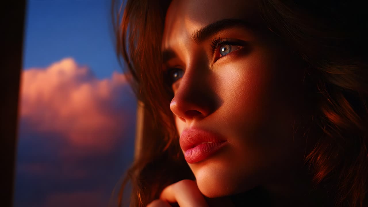 A Captivating Portrait Captured in Golden Light: An Intimate Close-Up of a Young Woman Deep in Thought, Illuminated by the Warm Glow of a Sunset, Highlighting Her Expressive Features and Natural Beauty