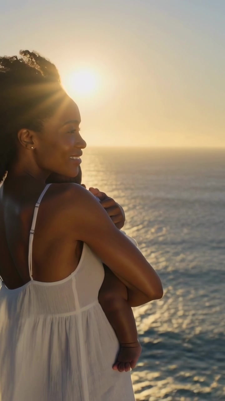 Vertical video: Cradling woman wearing white sundress comforting infant at coastline as sun lowers