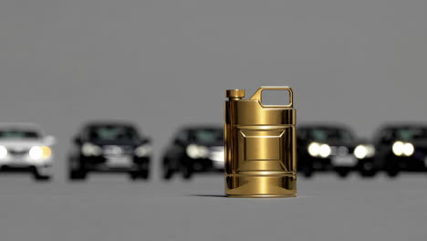 golden fuel can with blurred cars in background
