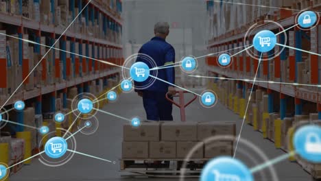 Network-of-digital-icons-against-rear-view-of-senior-male-worker-pulling-a-pallet-at-warehouse