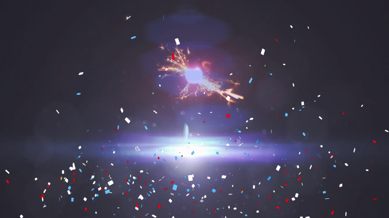 Colorful confetti and fireworks animation over dark background with light flare