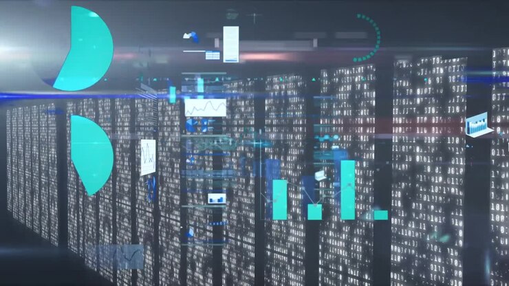 Animation of data processing over multiple screens with binary coding against blue background