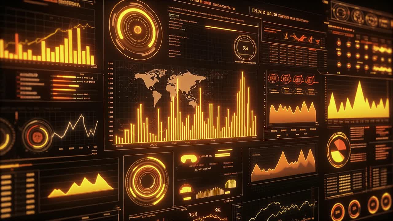 Futuristic Digital Interface Displaying Data Visualizations and Charts