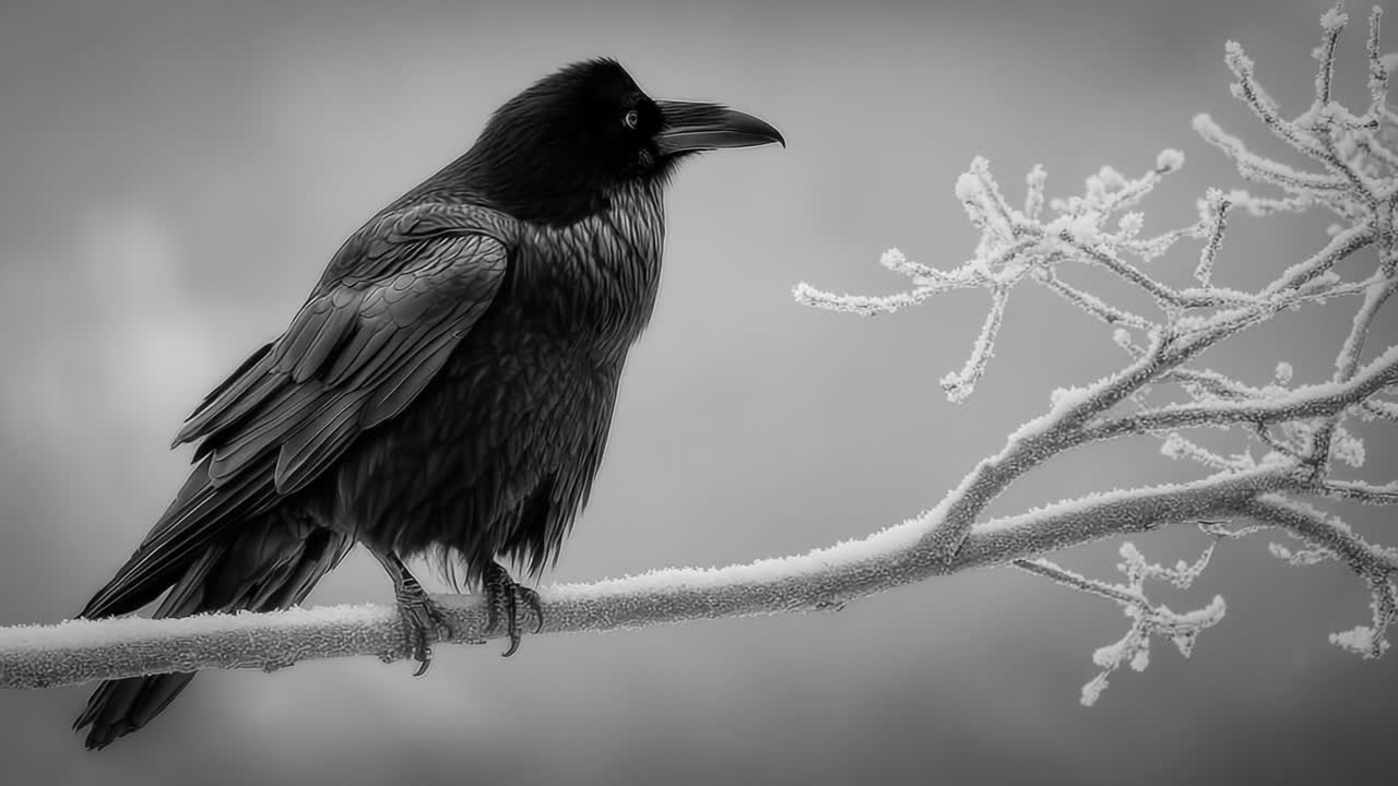 Un corvo maestoso appollaiato su un ramo brinato, che cattura la serena bellezza del freddo invernale in un paesaggio monocromatico