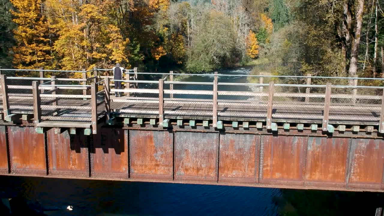 가을에 캐나다의 오래된 목조 철교에서 전망을 바라보는 여성의 낮은 각도로 드론 샷