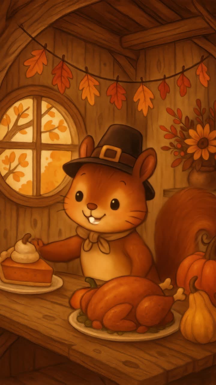 Charming autumn-themed video scene of a cartoon squirrel in pilgrim hat, holding a pumpkin