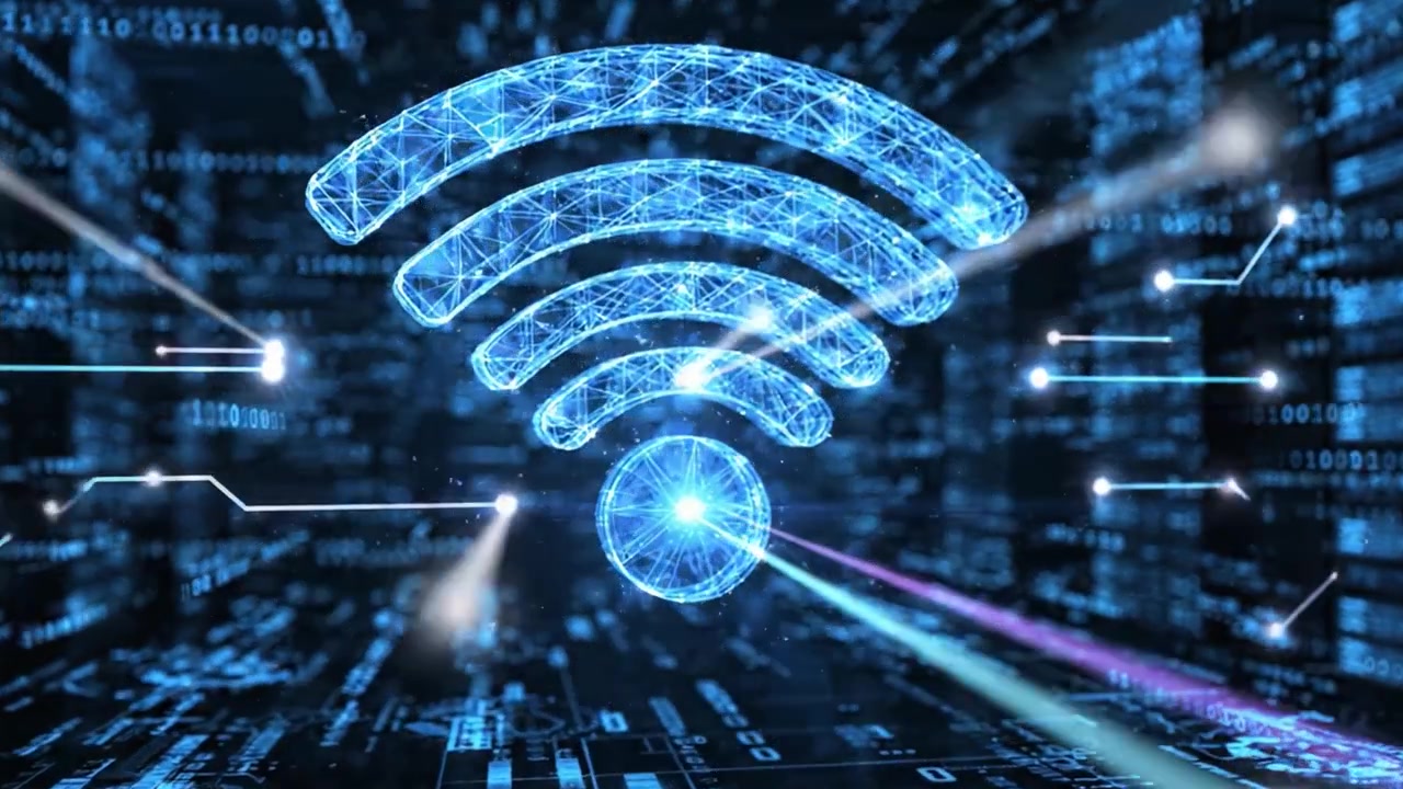 Udforskning af det digitale rige: En fusion af datastrømme og konnektivitet illustreret ved overgangen fra binære koder til et futuristisk Wi-Fi-symbol.