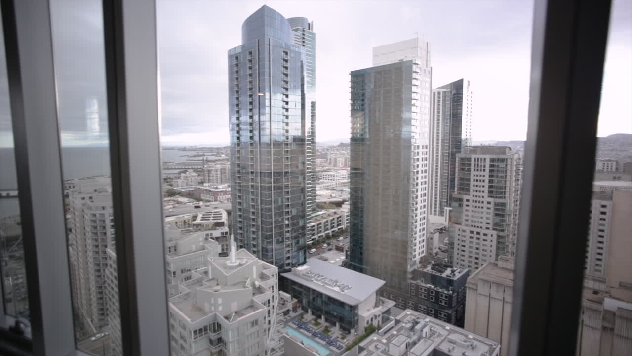 Cityscape view from a high-rise window
