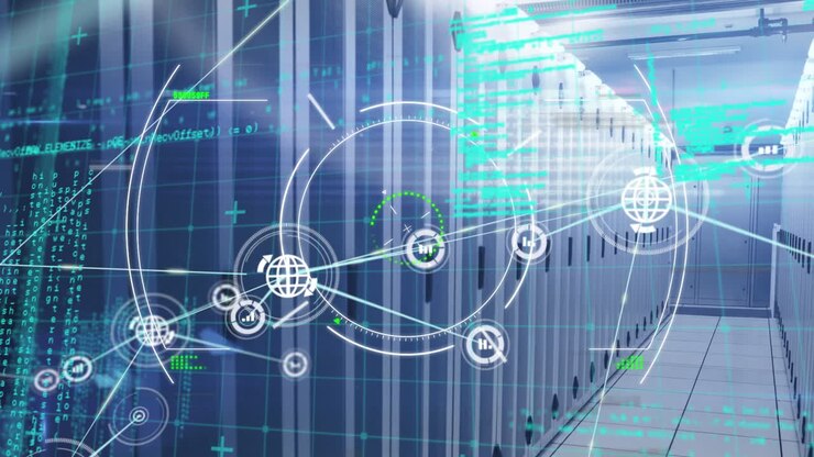 Animation of data processing and network of connections over server room