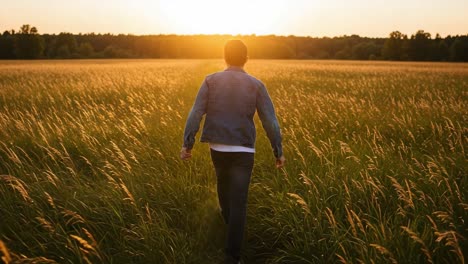 person walking through a golden field at sunset