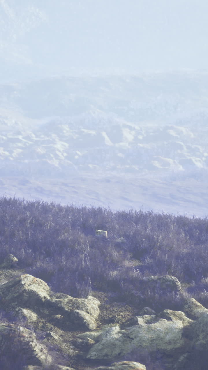 Scenic landscape view of rocky hills and rolling terrain in soft light