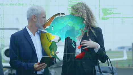 Animation of rotating globe and data, over business people using tablet talking beside aeroplane