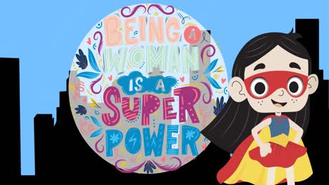 animation of super hero girl ,over feminist text