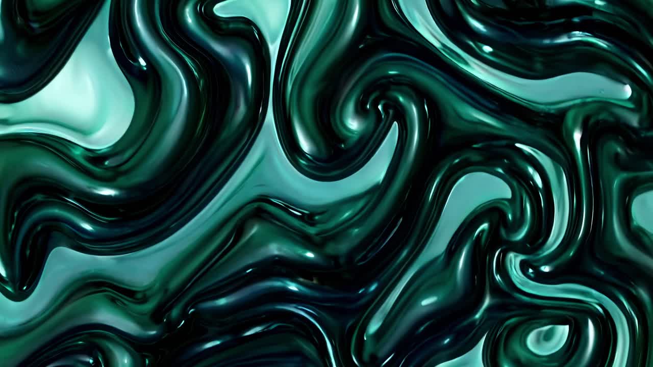 Emerald green and light green liquid waves create a mesmerizing abstract pattern, transforming and flowing smoothly, perfect for backgrounds and visual effects