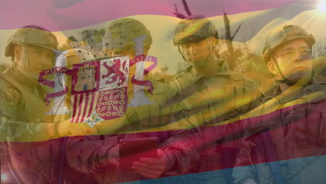 animation of flag of spain over diverse male soldiers with tablet