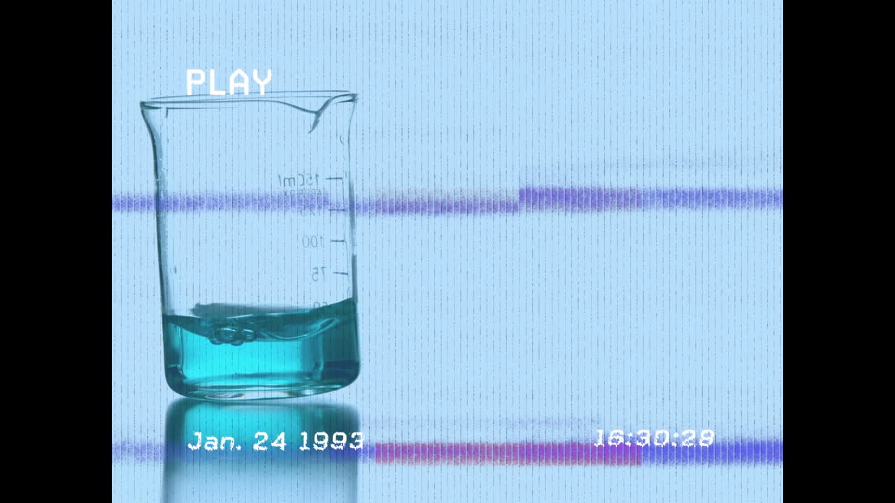 Animation of screen with glitch over lab glass with reagent on blue background