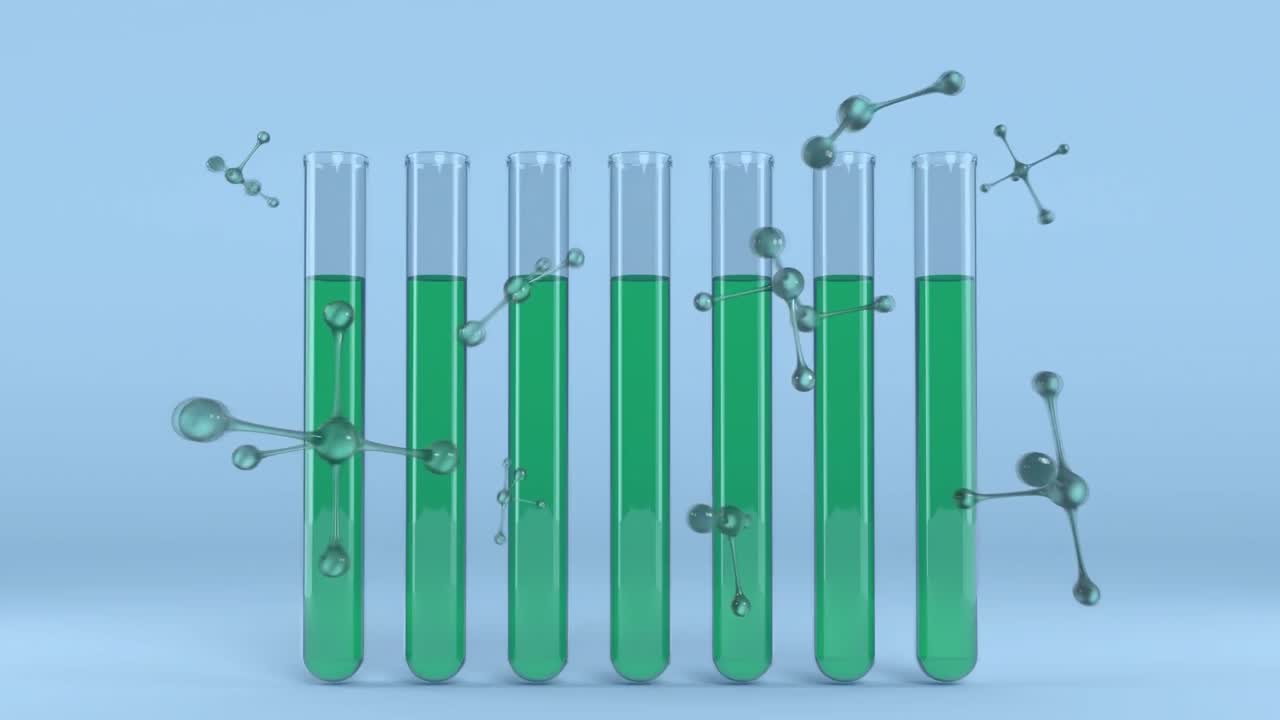 녹색 액체 채워진 실험 튜브와 뉴클레오타이드가 파란색 바탕에 있는 애니메이션