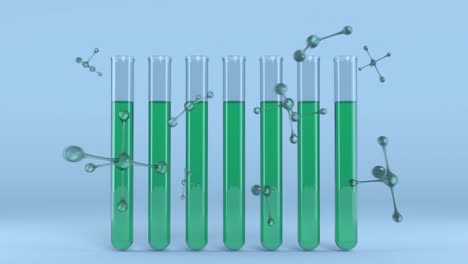 Animación-De-Tubos-De-Ensayo-Llenos-De-Líquido-Verde-Y-Nucleótidos-Sobre-Fondo-Azul