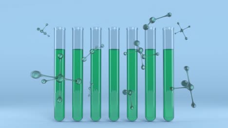 animación de tubos de ensayo llenos de líquido verde y nucleótidos sobre fondo azul