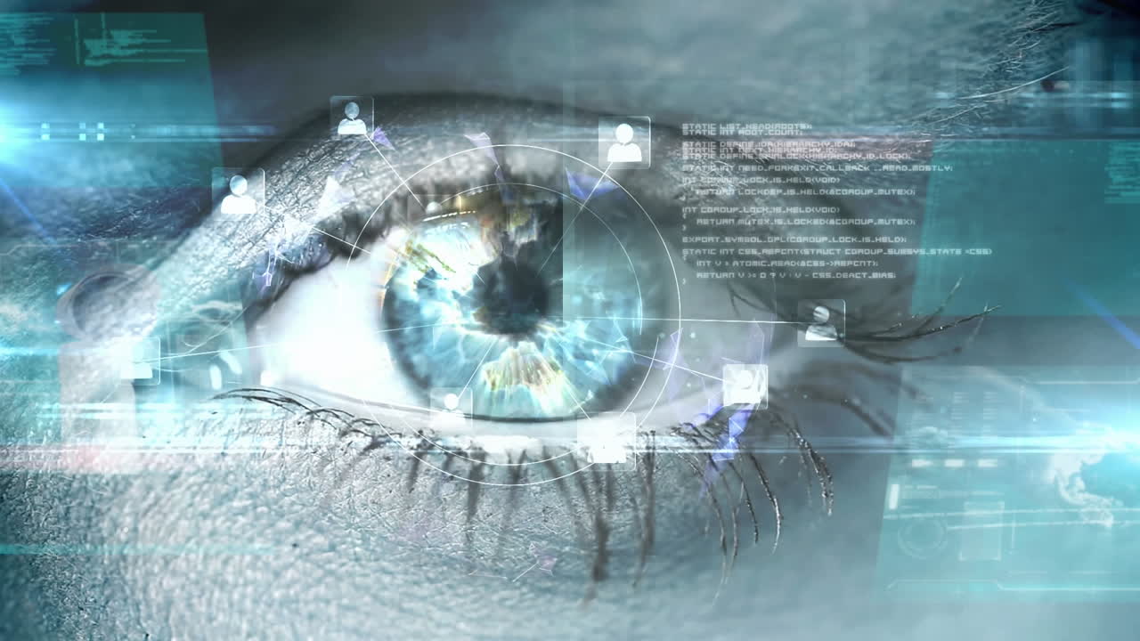 animazione della rete di elaborazione dei dati sull'occhio della donna