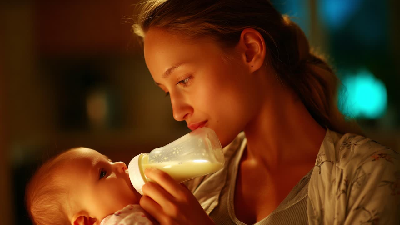 A Heartwarming Scene of a Loving Mother Feeding Her Baby with a Milk Bottle in a Softly Lit Room, Capturing the Essence of Care, Nurturing, and the Deep Bond Between Parent and Child