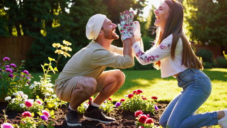 couple gardening in the sunny garden