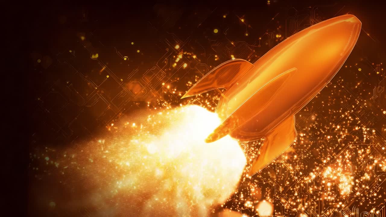 Shiny golden rocketship flying through a dark space with sparkling particle trails and a futuristic digital circuit board background, representing technology, progress, and business startup