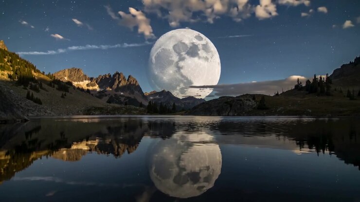Nuvens flutuantes cruzando a lua cheia em um lago alpino, com a brisa criando ondulações na reflexão espelhada.